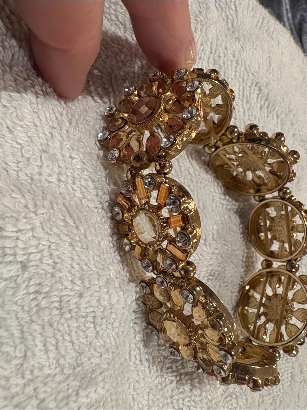 Vintage Gold Tone Amber & Clear Rhinestone Statement Bracelet, READ DESCRIPTION